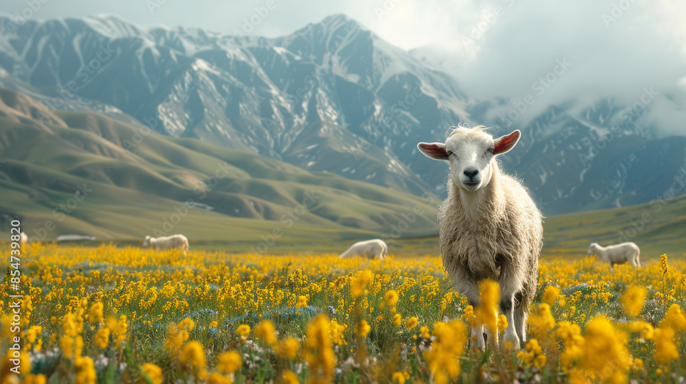 Obraz premium beautiful landscape of Xinjiang Altay, China, with farms, grassland, snow mountain, sheeps and flowers