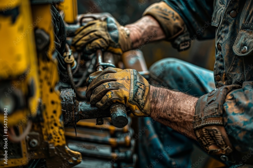 Fototapeta premium A man is working on a machine with dirty hands