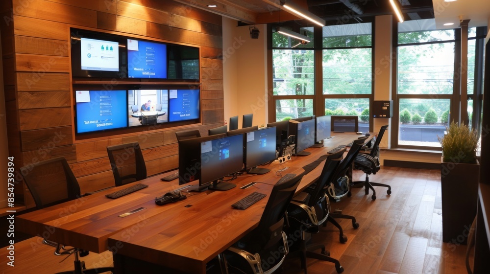 A conference room with a long wooden table, black chairs, and large screens mounted on the wall. The room has large windows with views of trees. A conference room with a long wooden table, black chairs, and large screens mounted on the wall. The room has large windows with views of trees.