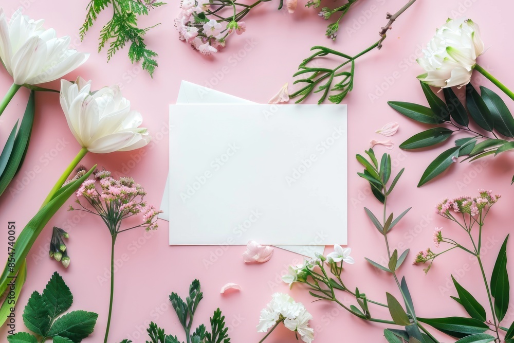 Beautiful Floral Arrangement Around Blank Card on Pink Background - Generative AI Beautiful Floral Arrangement Around Blank Card on Pink Background - Generative AI