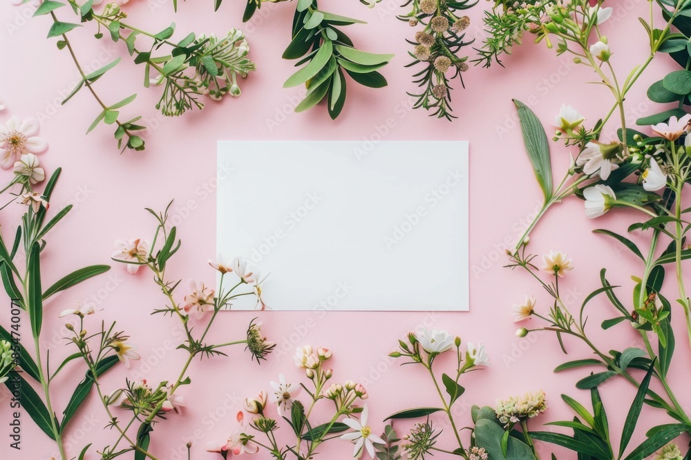 Beautiful Floral Arrangement Around Blank Card on Pink Background - Generative AI Beautiful Floral Arrangement Around Blank Card on Pink Background - Generative AI