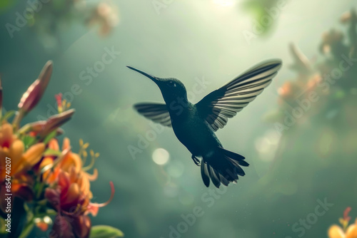 A hummingbird is flying over a field of flowers
