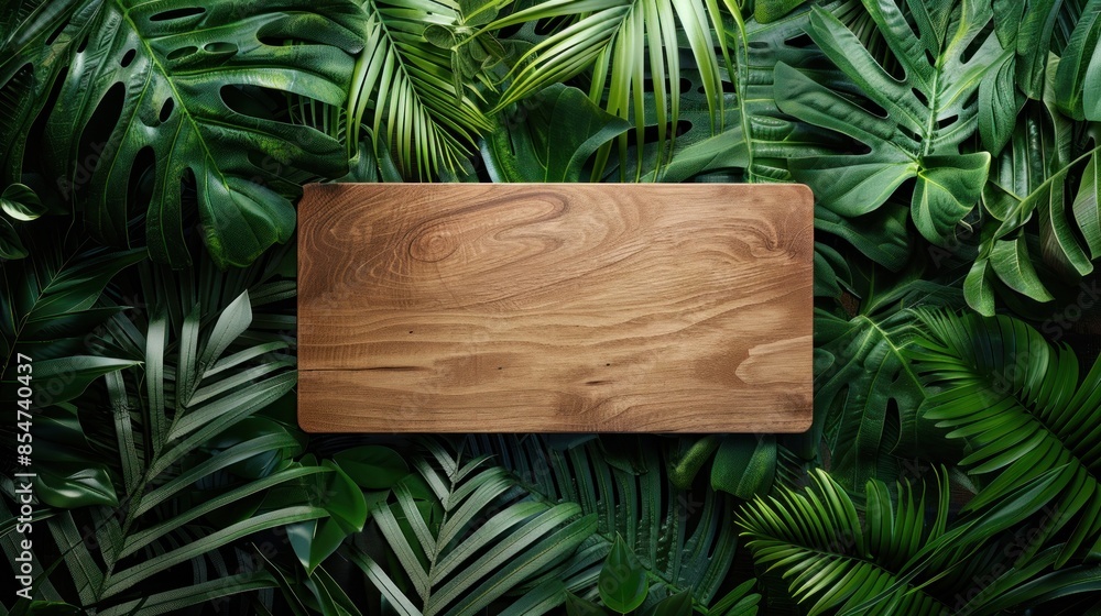 Serene Eco-Friendly Workspace with Lush Green Leaves and Wooden Board - Embracing Nature with Generative AI Serene Eco-Friendly Workspace with Lush Green Leaves and Wooden Board - Embracing Nature with Generative AI