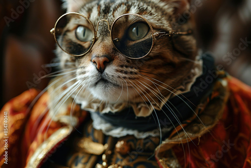 A cat in a Renaissance costume with a pince-nez on his face. Generated by artificial intelligence photo