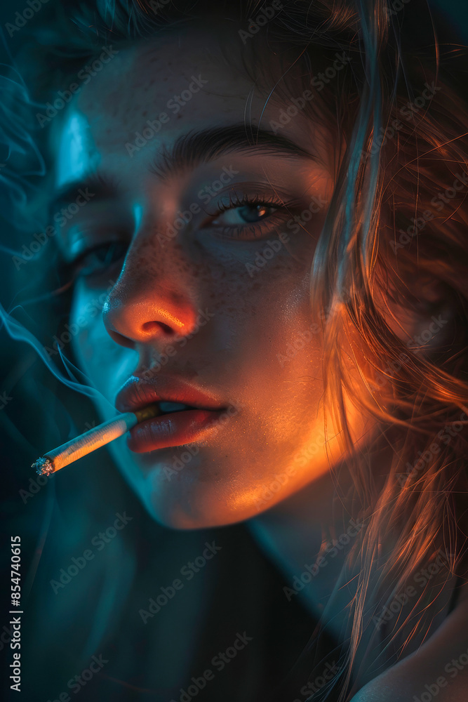 Obraz premium A woman is smoking a cigarette and the is in black and white