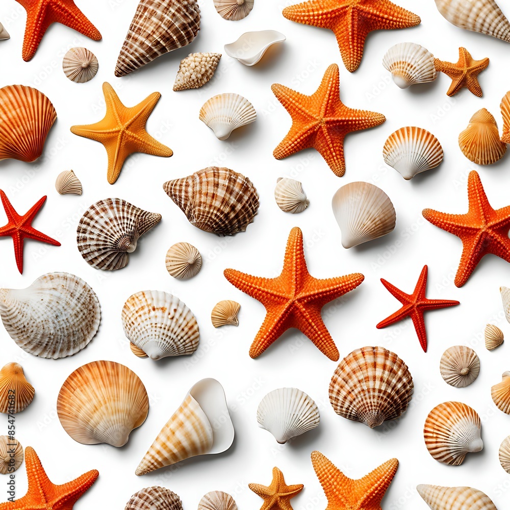 Background of seashells and starfish isolated on a white background. Perfect for design, advertising, and marine or nature-themed projects, top view Background of seashells and starfish isolated on a white background. Perfect for design, advertising, and marine or nature-themed projects, top view