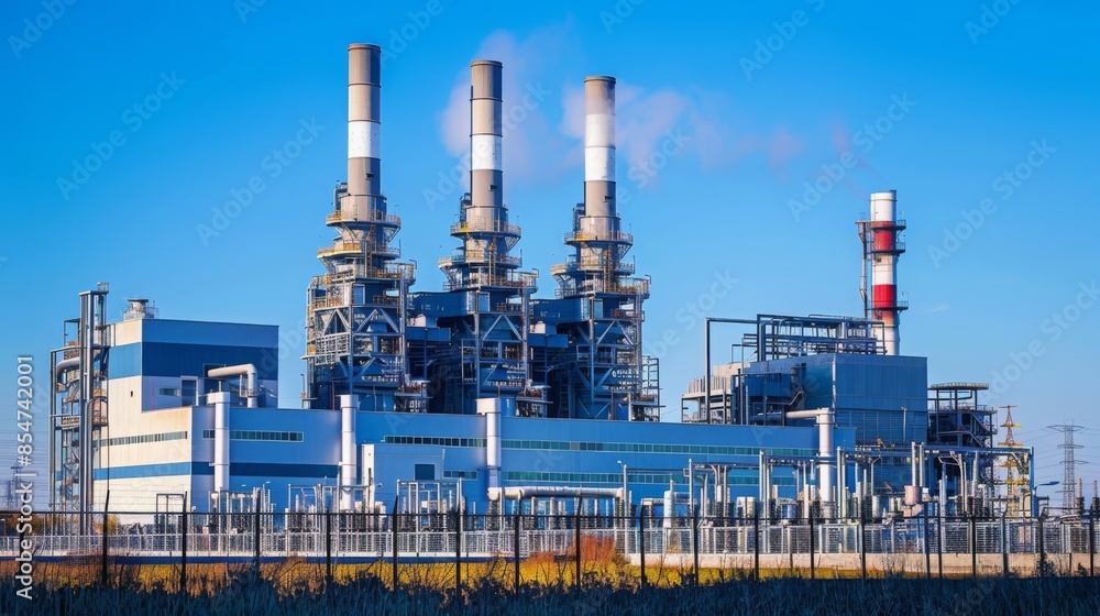 A large industrial power plant with tall smoke stacks emitting smoke into the clear blue sky. The plant is surrounded by a chain-link fence and is located on a grassy field. A large industrial power plant with tall smoke stacks emitting smoke into the clear blue sky. The plant is surrounded by a chain-link fence and is located on a grassy field.
