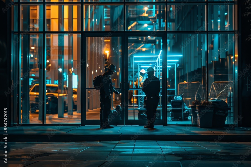 Two people standing outside a building, one of them holding a cell phone Two people standing outside a building, one of them holding a cell phone