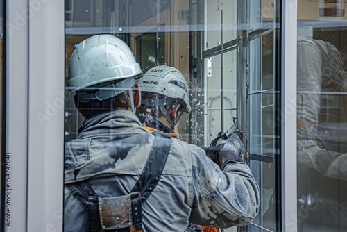 Two men in construction gear are working on a window