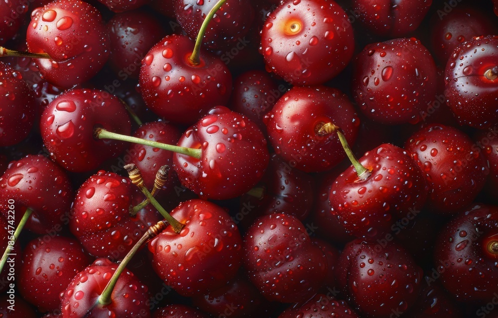 Close Up of Red Cherries With Water Droplets Close Up of Red Cherries With Water Droplets