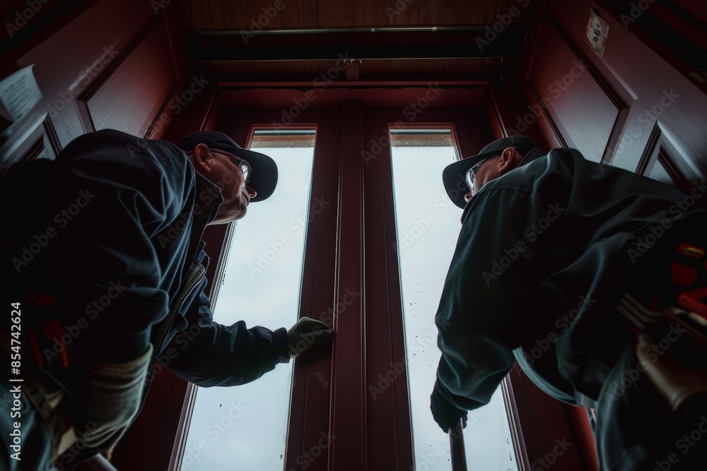 men are working on a door, one of them is wearing a hard hat men are working on a door, one of them is wearing a hard hat