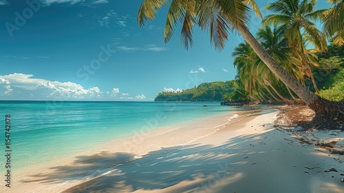 Fototapeta Naklejka Na Ścianę i Meble -  A tropical beach featuring coconut palm trees, the idyllic setting with its lush greenery, pristine sand, and calm, turquoise sea. Generative AI.