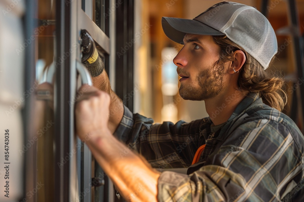 A man with a plaid shirt and a hat is fixing a window A man with a plaid shirt and a hat is fixing a window