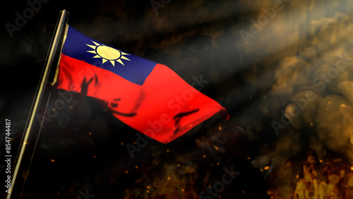 bokeh Taiwan Province of China flag on smoke with sun rays background - disaster concept - abstract 3D illustration
