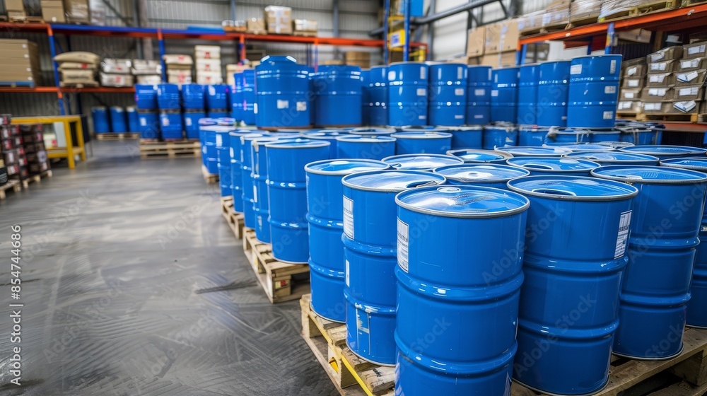 Blue Barrels Stacked in a Warehouse Blue Barrels Stacked in a Warehouse