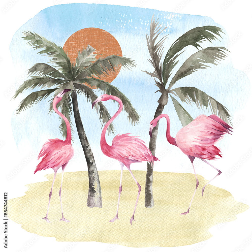 Naklejka premium Tropical summer poster. Jungle print. Watercolor flamingo and palm trees. Hand drawn illustration