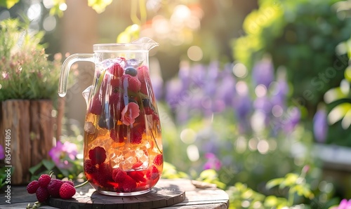 Summer Drink with Berries and Rose Petals Served in a Jug, Generative AI