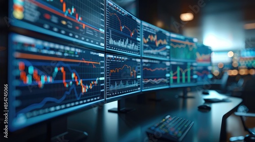 Wallpaper Mural A close-up monitors which reflect stock market data at the current moment and analyze stock market data. They depict charts, graphs of stock. Generative AI. Torontodigital.ca