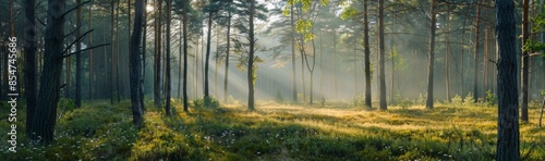 Sunbeams Through Tall Trees in a Misty Forest at Dawn
