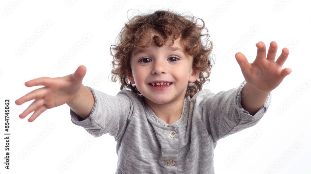 A playful kid with a hand reaching out, inviting others to join in the fun. isolated white background A playful kid with a hand reaching out, inviting others to join in the fun. isolated white background