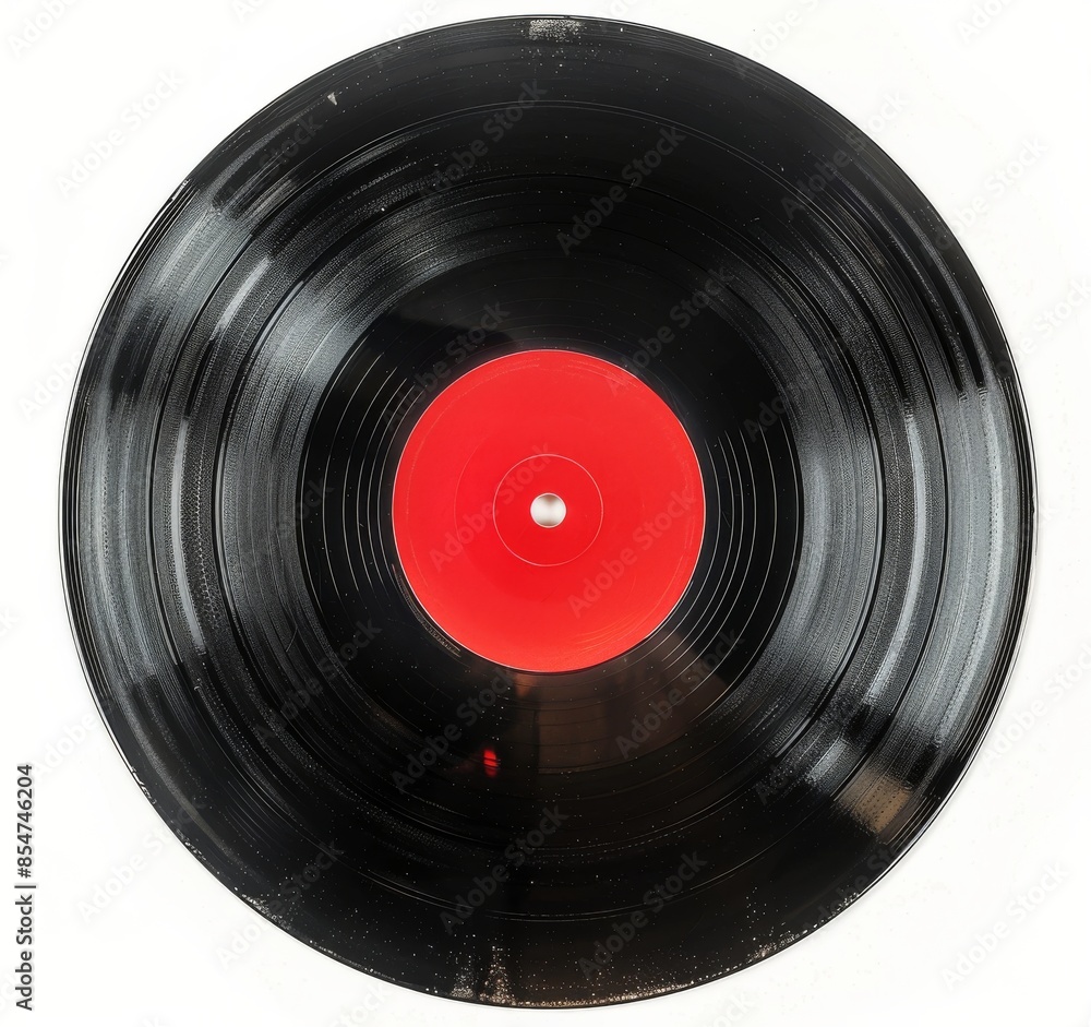 Black Vinyl Record With Red Label on White Background Black Vinyl Record With Red Label on White Background