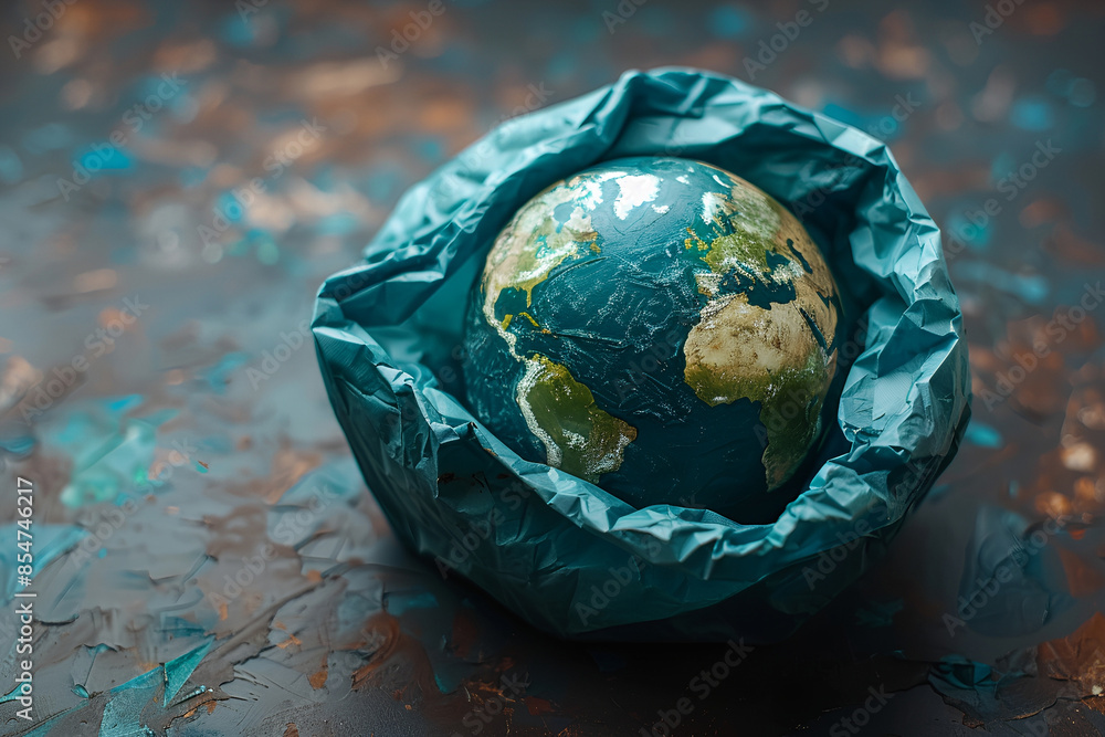 A globe in a reusable shopping bag A globe in a reusable shopping bag