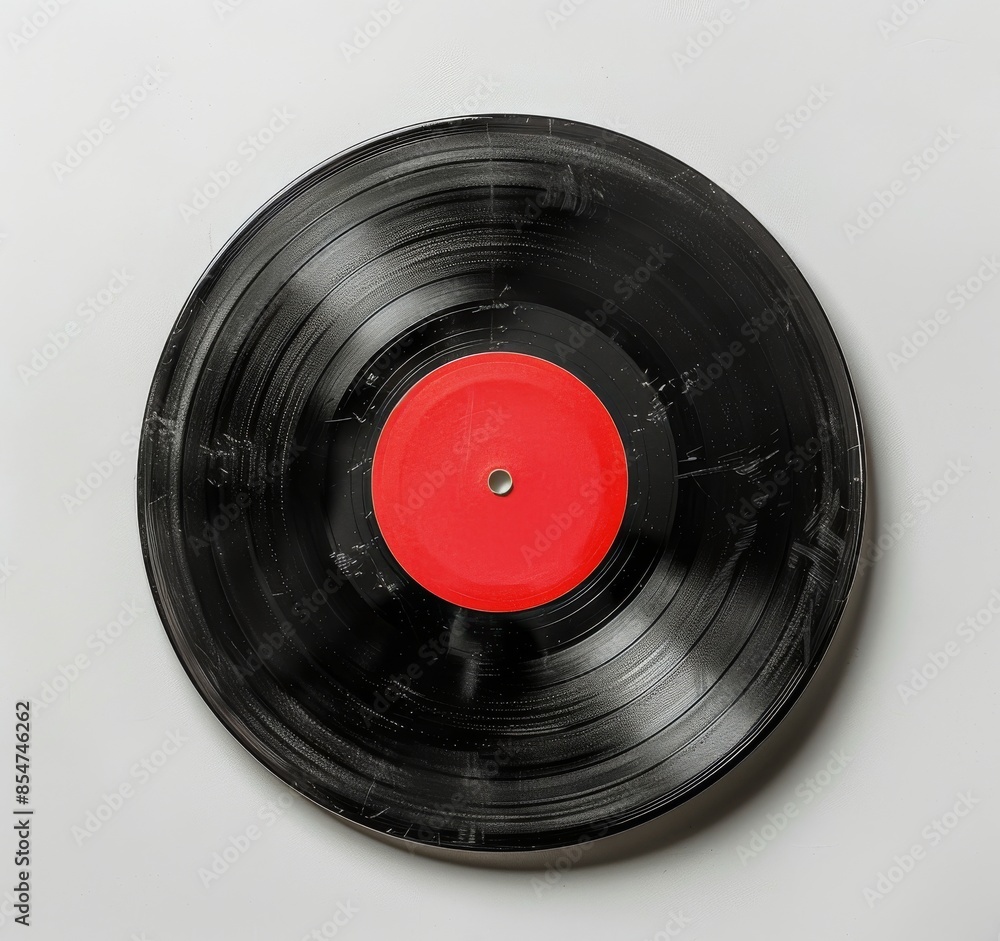 Black Vinyl Record With Red Label on White Background Black Vinyl Record With Red Label on White Background