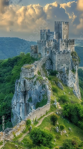 A historic European castle perched on a hilltop, surrounded by lush green landscapes and a dramatic sky