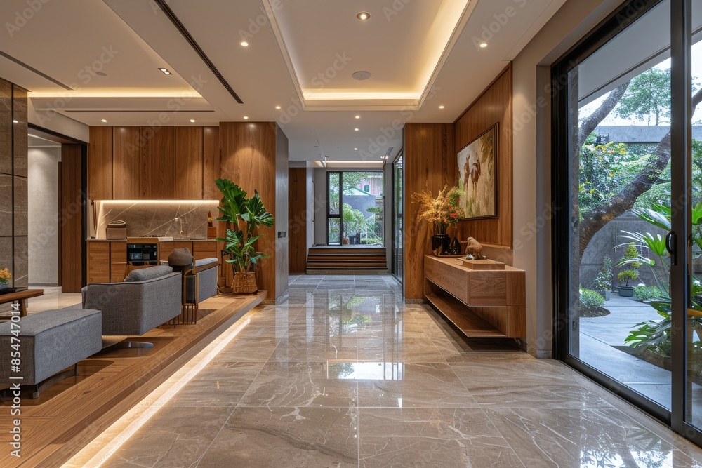 Fototapeta premium Modern Wooden Entryway With Plants and Recessed Lighting