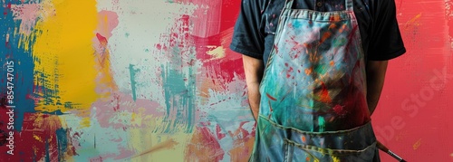 An artist wearing an apron is standing in front of a large colorful abstract painting. AIGZ01