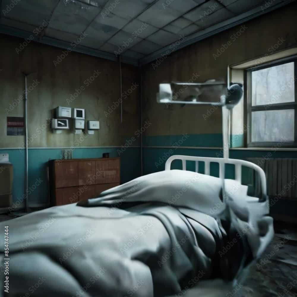 Abandoned and destroyed cabin in hospital, massacred bed inside a ...