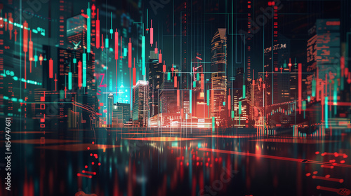 Stock Market Business Concept with Financial Chart on Skyline. A vibrant depiction of a bustling financial district at night, with illuminated skyscrapers and a superimposed financial chart displaying