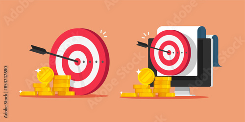 Strategy money earnings target icon vector 3d, digital internet web business fund income campaign graphic illustration, success financial goal investment aim on computer pc image clip art set