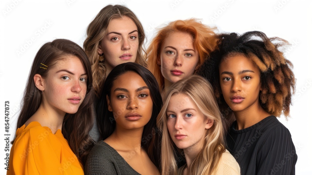 A striking stock photo capturing the essence of girl power, with a diverse group of women showcasing their individuality and collective strength. isolated white background A striking stock photo capturing the essence of girl power, with a diverse group of women showcasing their individuality and collective strength. isolated white background