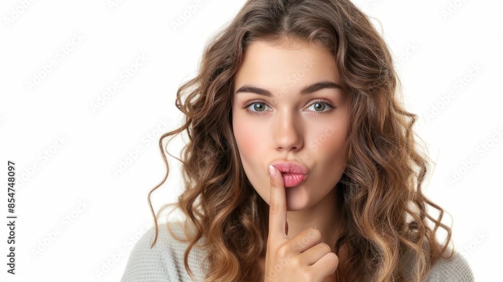 An alluring woman with a finger to her lips, hinting at mystery and intrigue. isolated white background An alluring woman with a finger to her lips, hinting at mystery and intrigue. isolated white background
