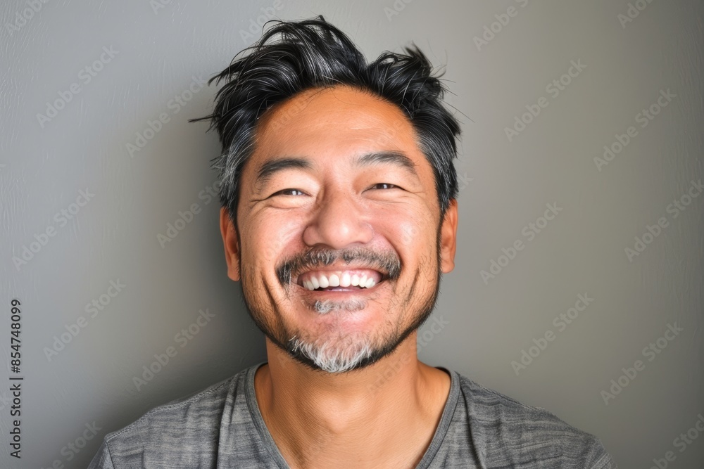 Portrait of a merry asian man in his 40s laughing in soft gray background Portrait of a merry asian man in his 40s laughing in soft gray background