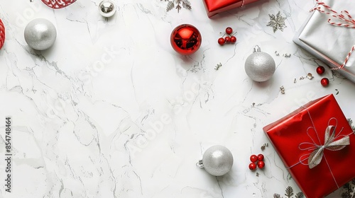 Christmas Decorations on White Marble Background