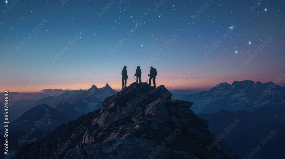 An inspiring image of adventurers reaching the summit of a mountain at dusk, their faces illuminated by the fading light as they pause to admire the celestial wonders above. An inspiring image of adventurers reaching the summit of a mountain at dusk, their faces illuminated by the fading light as they pause to admire the celestial wonders above.