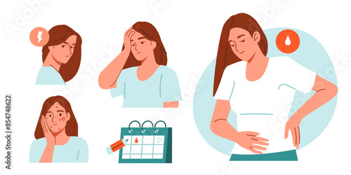 Woman suffer from stomach ache, headache and other period symptoms. Menstrual cramp or endometriosis abdominal pain concept. Vector illustration.
