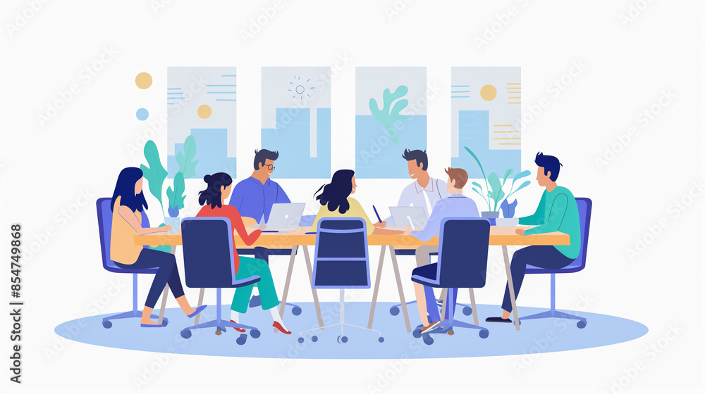 A group of people are sitting around a table in a conference room. There are several potted plants in the room, and a laptop is on the table. The people are dressed in business attire A group of people are sitting around a table in a conference room. There are several potted plants in the room, and a laptop is on the table. The people are dressed in business attire