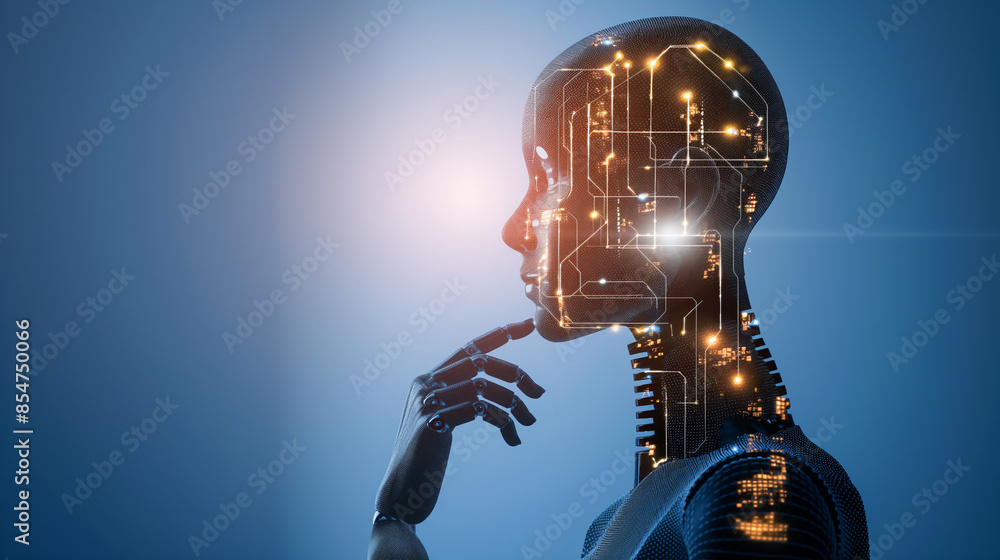 A robot with a face made of circuits and wires. The robot is looking to the left. The robot is made of metal and has a futuristic appearance A robot with a face made of circuits and wires. The robot is looking to the left. The robot is made of metal and has a futuristic appearance
