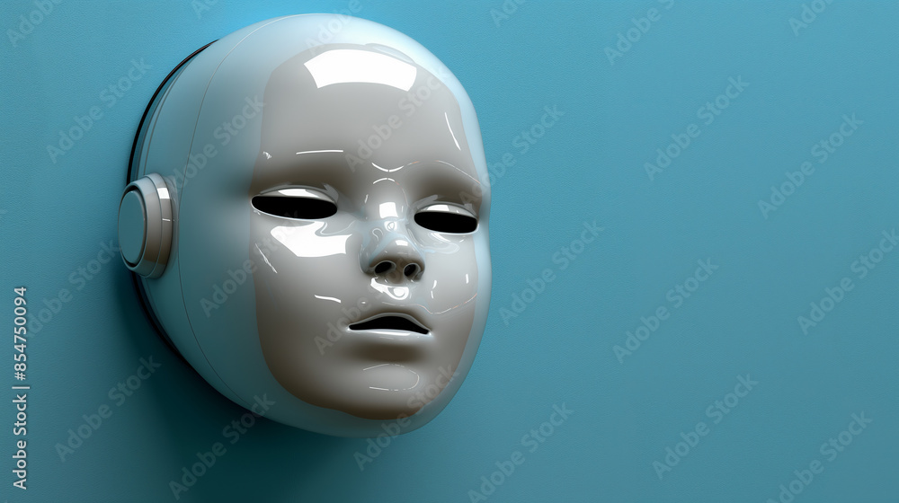 A white face with a mouth and eyes is on a blue wall. The face is made of plastic and has a metallic look A white face with a mouth and eyes is on a blue wall. The face is made of plastic and has a metallic look