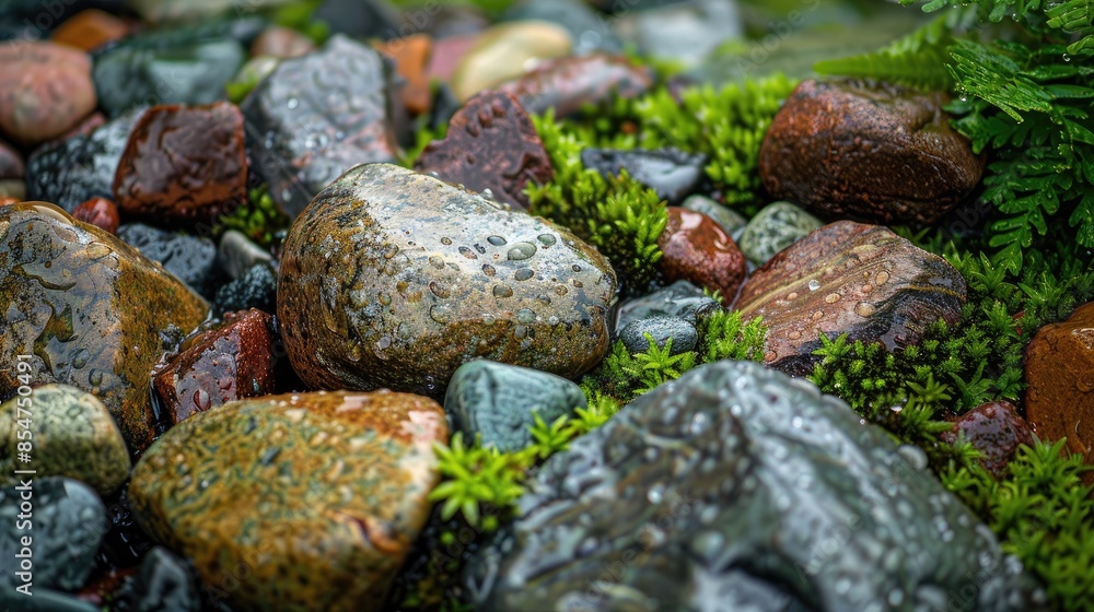 Rocks in the yard on a rainy morning with green moss due to heavy rainfall and humidity Rocks in the yard on a rainy morning with green moss due to heavy rainfall and humidity