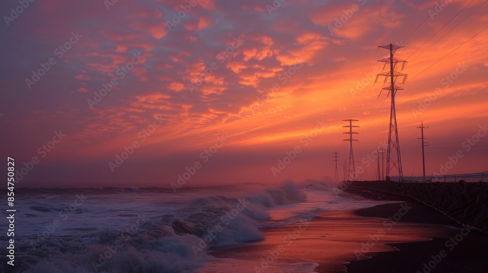 A breathtaking sunset casts a warm glow over a vast ocean, with power lines silhouetted against the vibrant sky. The waves crash against the shore, creating a dramatic scene. A breathtaking sunset casts a warm glow over a vast ocean, with power lines silhouetted against the vibrant sky. The waves crash against the shore, creating a dramatic scene.