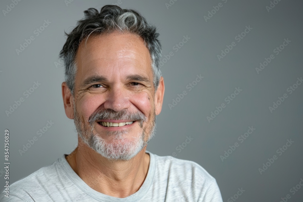 Portrait of a tender man in his 50s smiling at the camera while standing against soft gray background Portrait of a tender man in his 50s smiling at the camera while standing against soft gray background