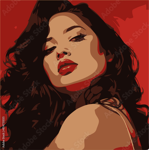portrait of a woman, latina woman, close up, eyeliner, red lipstick, chubby, illustration, long hair