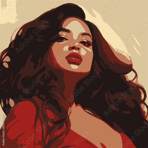 portrait of a woman, latina woman, close up, eyeliner, red lipstick, chubby, illustration, long hair