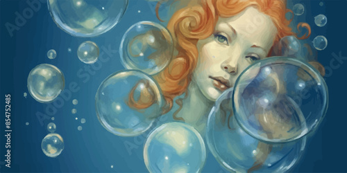 Anime girls in diving suits underwater surrounded by bubbles. A whimsical and enchanting illustration capturing the magical underwater world with anime characters in spacesuits and glossy bubbles.

