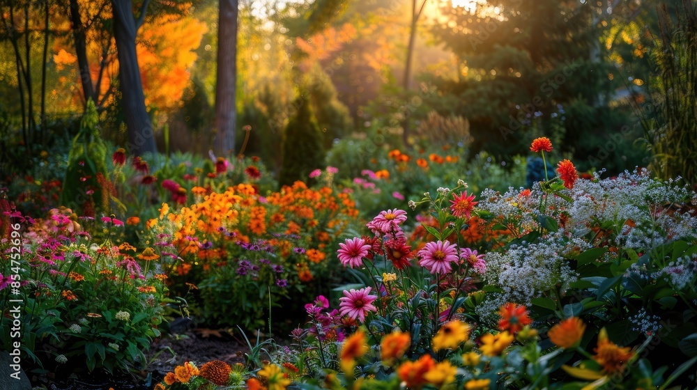 Obraz premium Vibrant flowers in a garden during autumn sunset