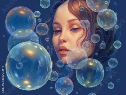 Anime girls in diving suits underwater surrounded by bubbles. A whimsical and enchanting illustration capturing the magical underwater world with anime characters in spacesuits and glossy bubbles.

